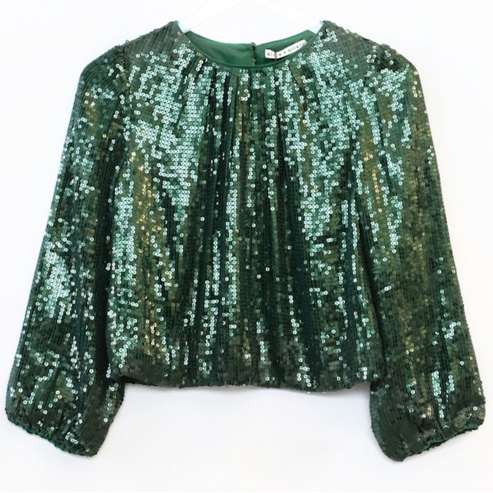 Alice + Olivia - Avila Sequin Crewneck Top in Basil